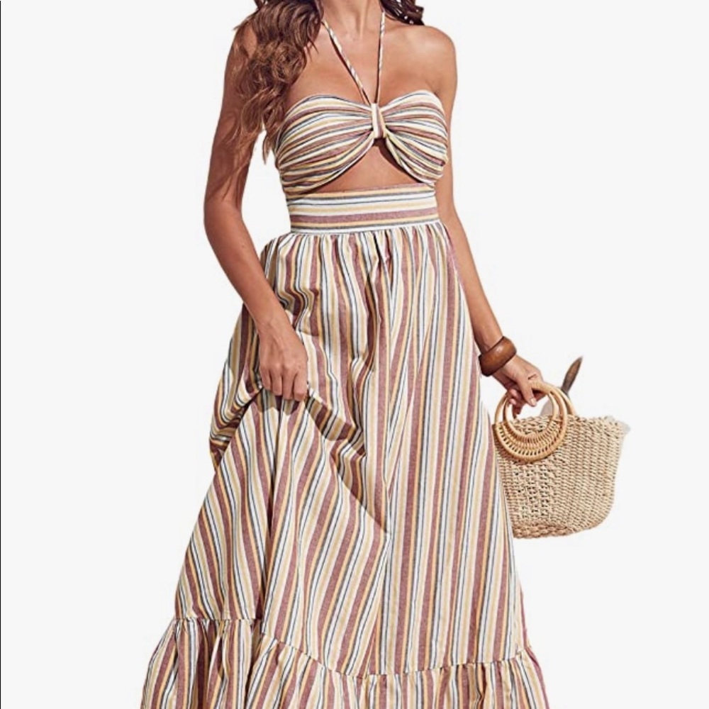 MakeMeChic Women's Striped Halter Cut Out Ruffle Maxi Summer Beach Dress.